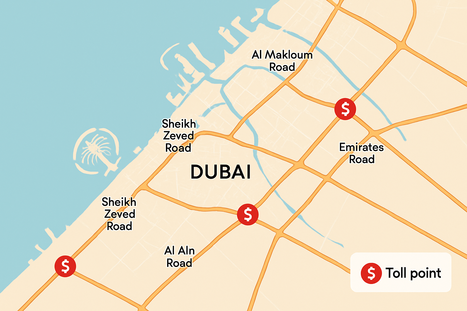 View of Dubai road network with toll points